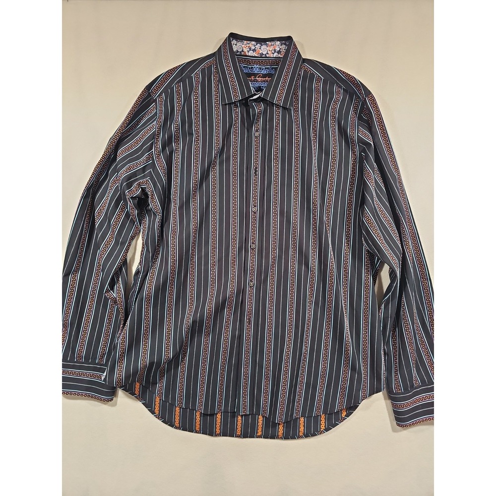 Robert Graham Mens Long Sleeve Button Shirt Black Striped Paisley Flip Cuffs